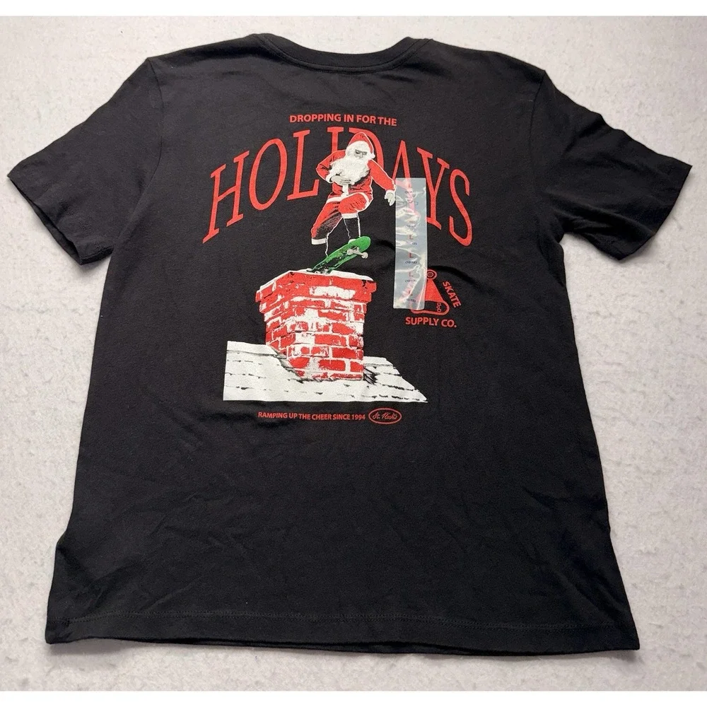 Old Navy Boys L 10-12 Graphic Tee Black Skate Santa Christmas Holidays NWT